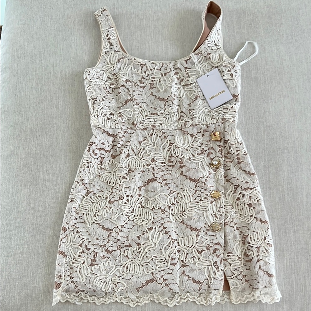Self Portrait Elegant Lace Cord Mini Dress in Cream